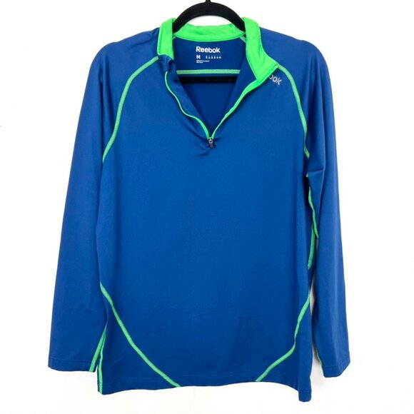 Reebok Quarter Zip Active Long Sleeve Shirt Cobalt Blue Green Medium - Picture 1 of 5